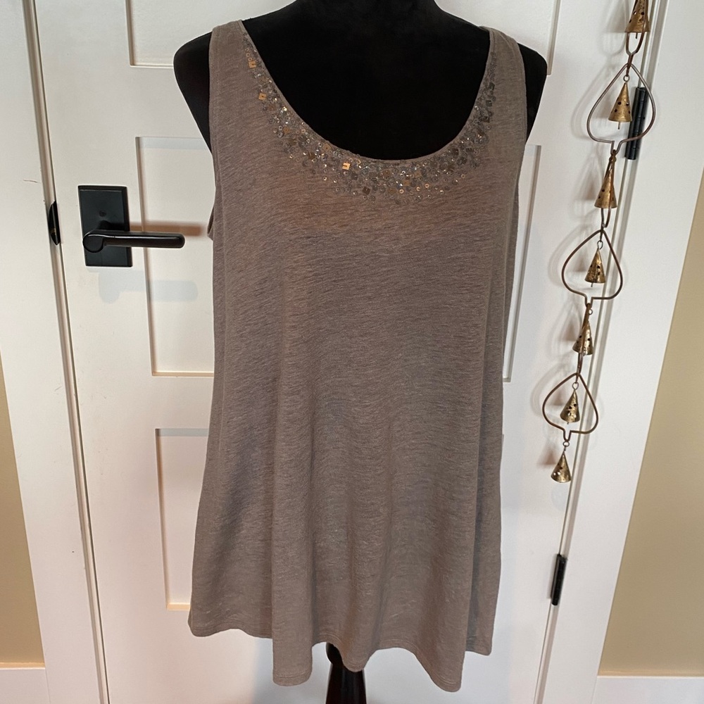 EUC Eileen Fisher 100% Linen Jersey Knit Sequin Embellished Scoop Neck Tank-Med